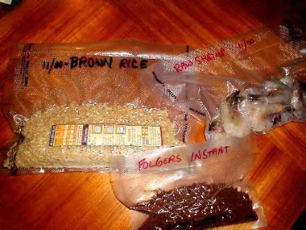 Brown Rice w/package instructions, instant coffee, and shrimp